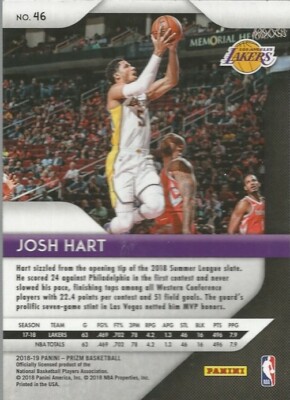 208-19 Panini Prizm #46 Josh Hart Los Angeles Lakers Rookie Card