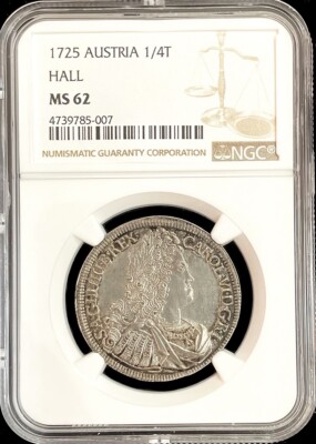1725 HALL AUSTRIA SILVER 1/4 THALER CHARLES VI COIN NGC MINT STATE