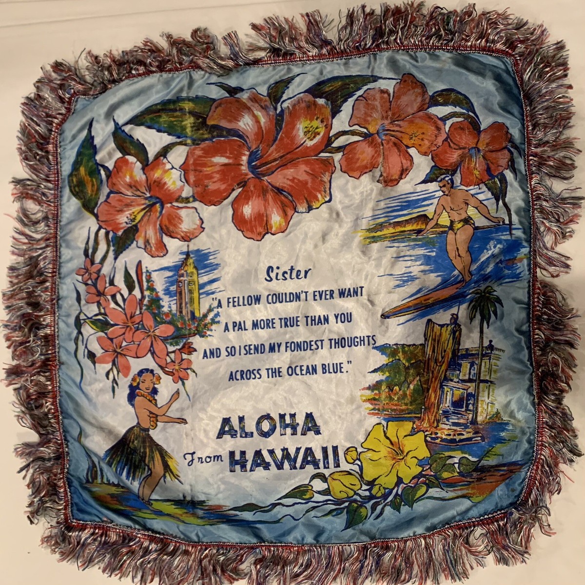Vintage 50s Hawaii Fringe Souvenir Pillow Cover SISTER Exotic Hula