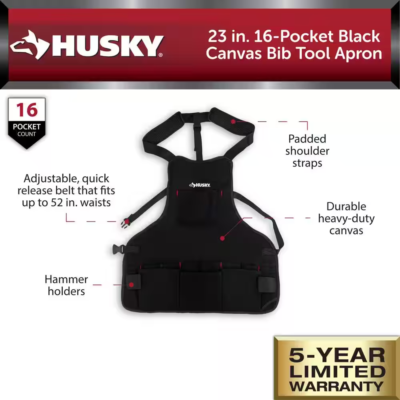 Husky Canvas Bib Tool Work Apron 23 in Quick Release Belt 16