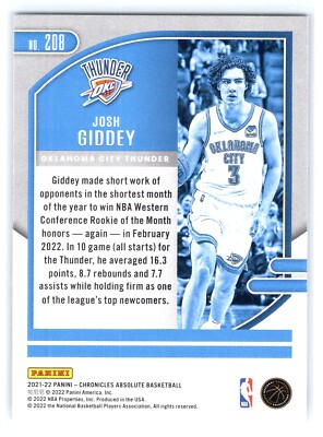2021-22 Panini Chronicles NBA Absolute Rookie RC #208 Josh Giddey