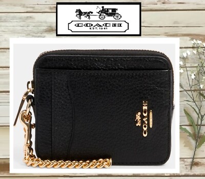 NWT COACH 6303 Zip ID Card Case With Gold Chain Strap BLACK