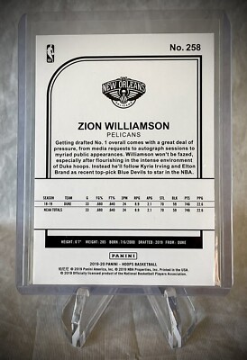 ZION WILLIAMSON - 2019-20 Panini NBA Hoops RC Rookie #258 - New