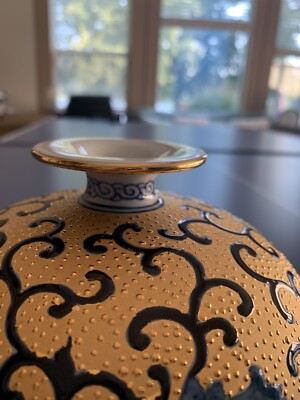 林三江台湾鶯歌陶瓷大師名家高級花瓶漢聲窯golden Blue Floral Round