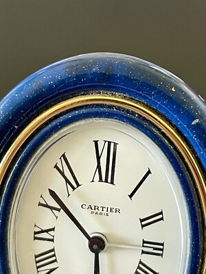CARTIER OVAL BLUE ENAMELED TRAVEL ALARM CLOCK. FOR PARTS/REPAIR