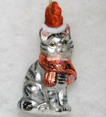 Gray Tabby Cat Christmas Tree Ornament, Santa Hat, Tiger Stripe