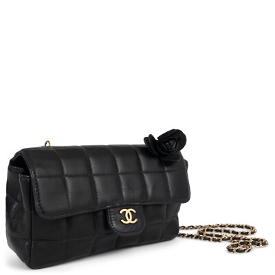 71906 auth CHANEL black leather CAMELLIA CHOCOLATE BAR MINI FLAP