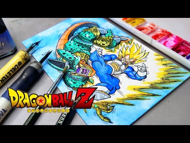 ドラゴンボール】【⚠️声有り】 水彩とつけペンで超ベジータとセルを