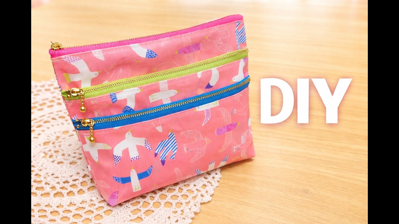 DIY☆20cmファスナー3本で作るマチ付きのポケットポーチの作り方
