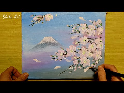How to draw Mt. Fuji and cherry blossoms with acrylic paint