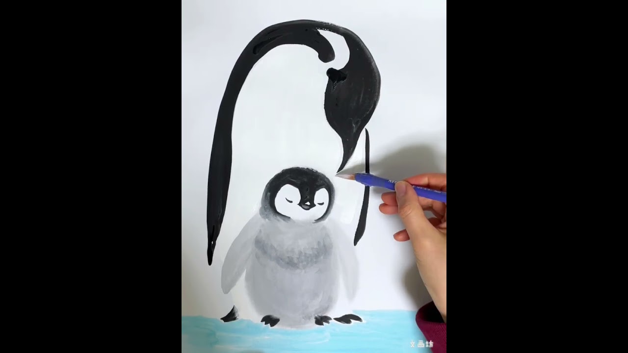 水彩絵の具の面白い技法を組み合わせて、ペンギンの親子を可愛く描いて