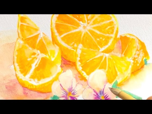 水彩画]みかんとビオラを描く制作過程/watercolorpainting /gouache