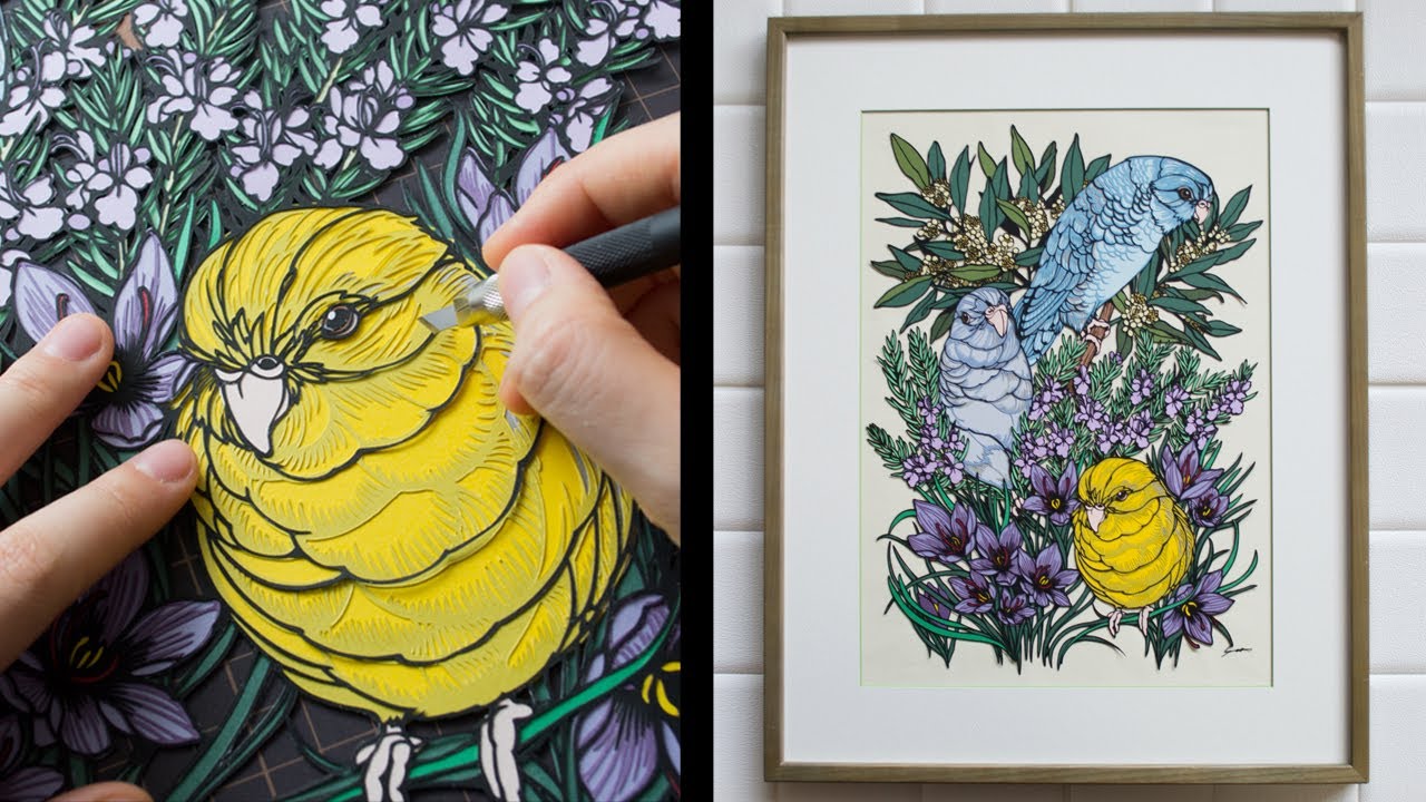 フルオーダー切り絵】サザナミインコとハーブの切り絵【Made to order