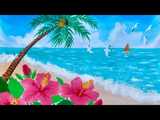 小学生でも水彩絵の具だけで簡単！ハイビスカスとヤシの木と海辺の景色