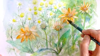 水彩画]ジャーマンカモミールとエキナセアの花を水彩ガッシュで描く