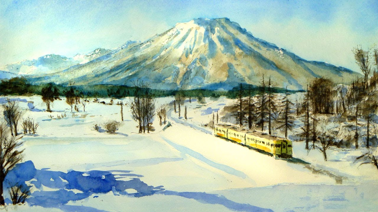 冬晴れの長野、黒姫山としなの鉄道（透明水彩風景画） Nagano in