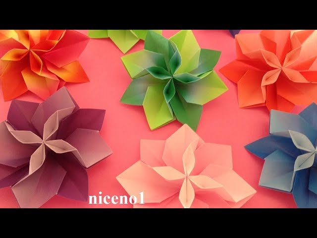 折り紙 花 1枚（立体）の折り方2 Origami flower tutorial （niceno1