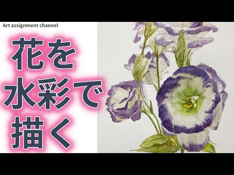 水彩画】水彩で花を描きます トルコ桔梗 日本画科志望の人は参考にして