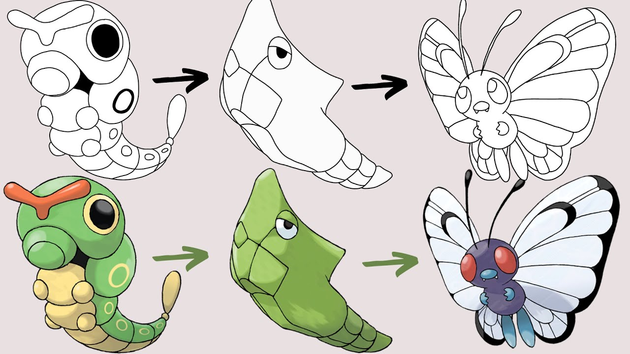キャタピー、トランセル、バタフリーの描き方 | ポケモンの進化 - YouTube