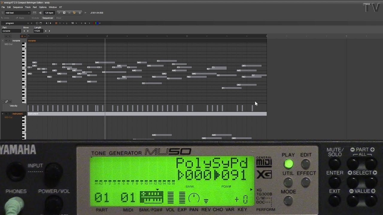 Yamaha MU50 midi sound module plays music from computer - YouTube