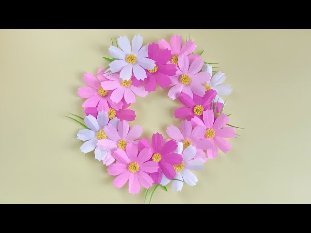 折り紙・ペーパーフラワー】コスモスのリースの作り方／【Paper flower