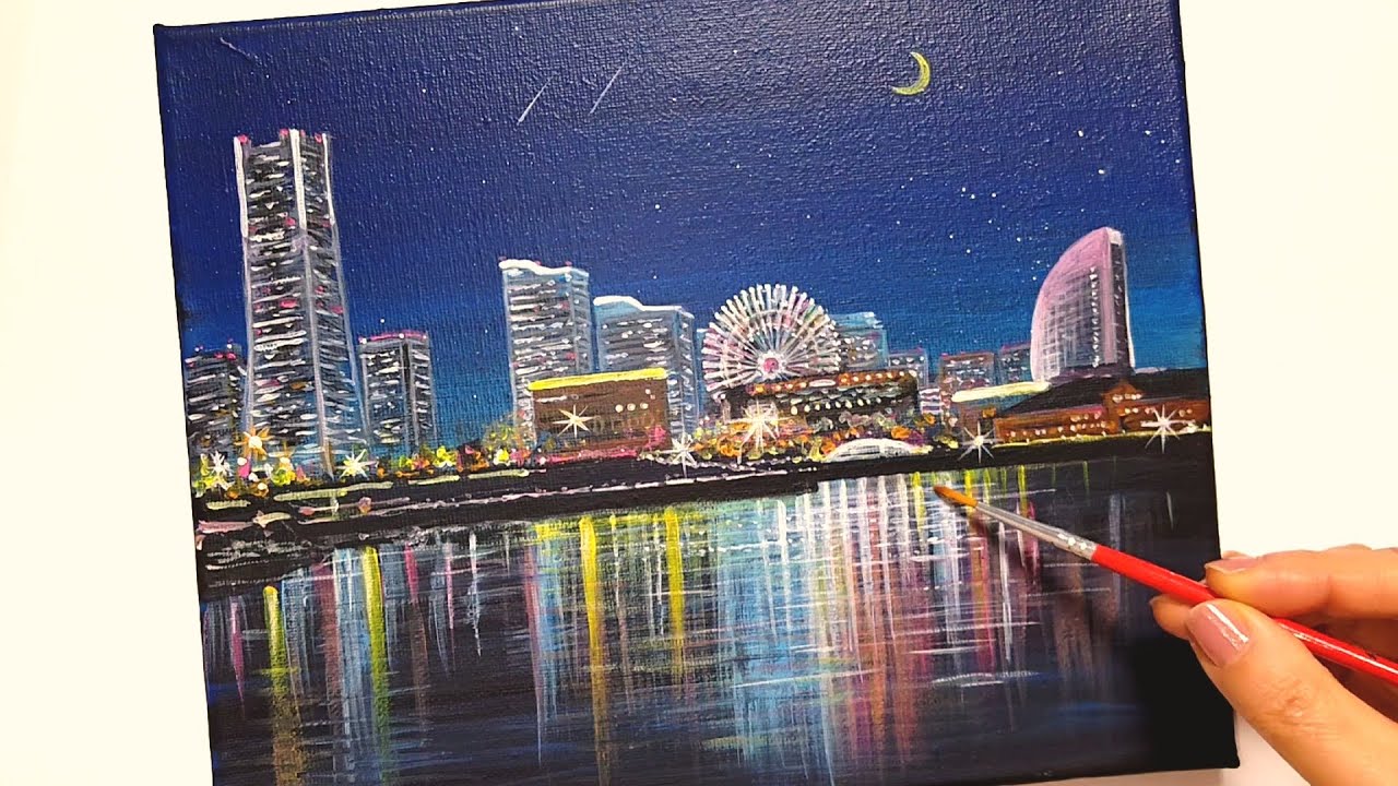 How to draw the night view of Yokohama with acrylic paint