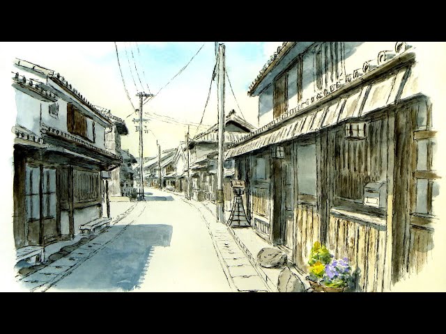 在銘 水彩画 街並みと山の風景 在銘 水彩画 街並みと山の風景