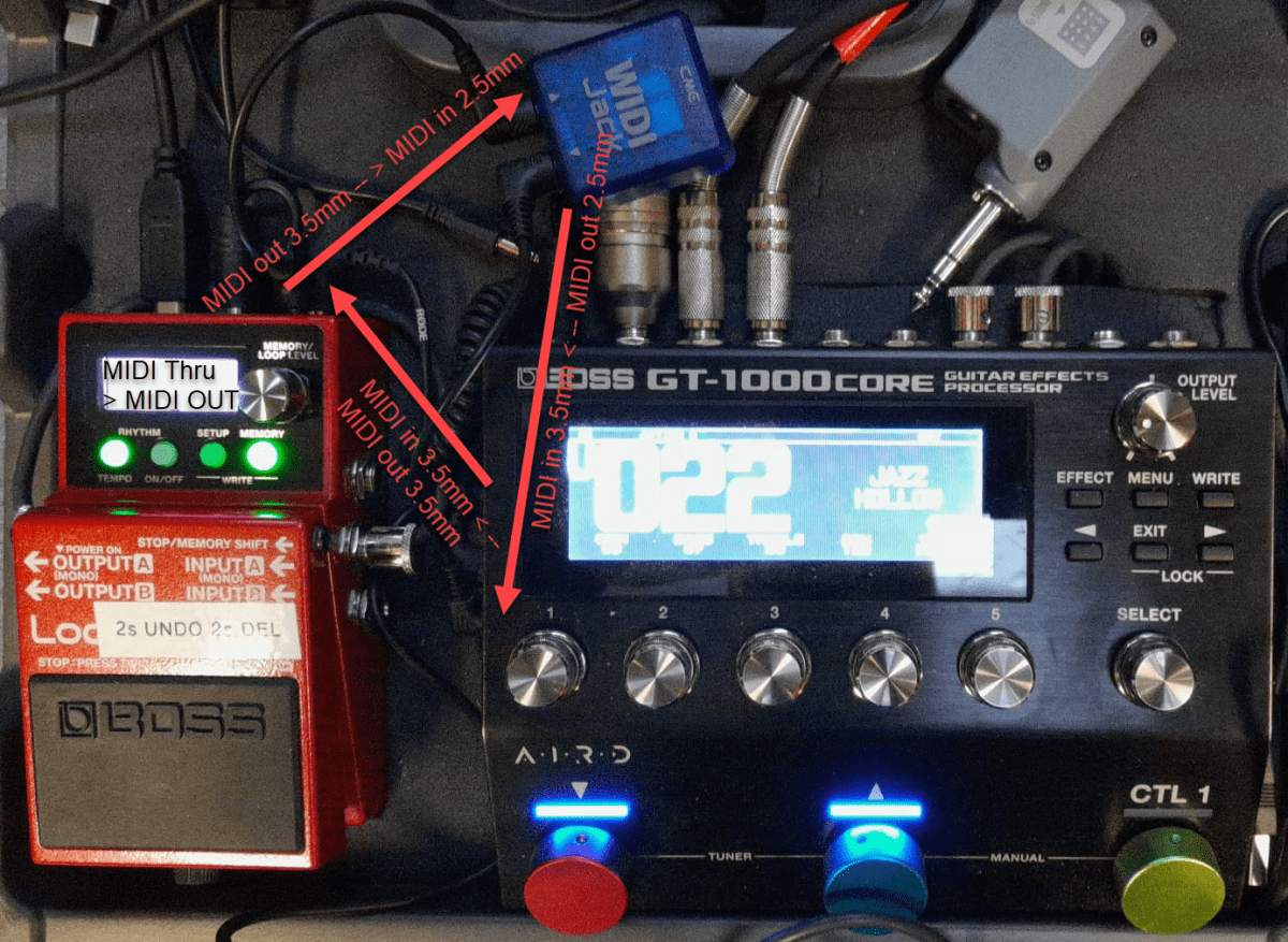 Using the CME WIDI Jack with a BOSS GT-1000core and an RC-5
