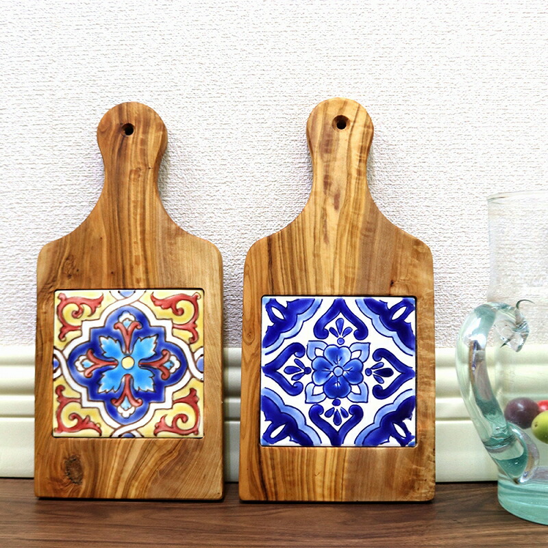楽天市場】オリーブ木 カッティングボード タイル 黄 青 【おしゃれ