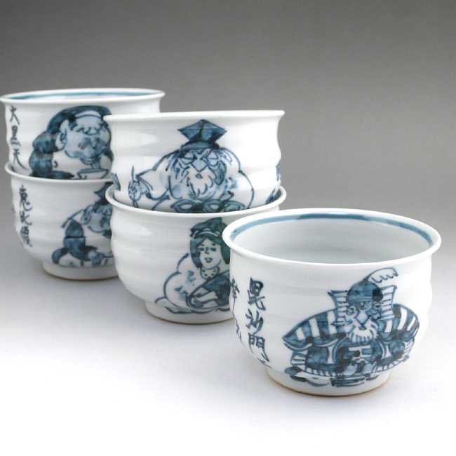 染付七福神汲出碗揃え 六斎 幸之介 - 京焼清水焼 松韻堂