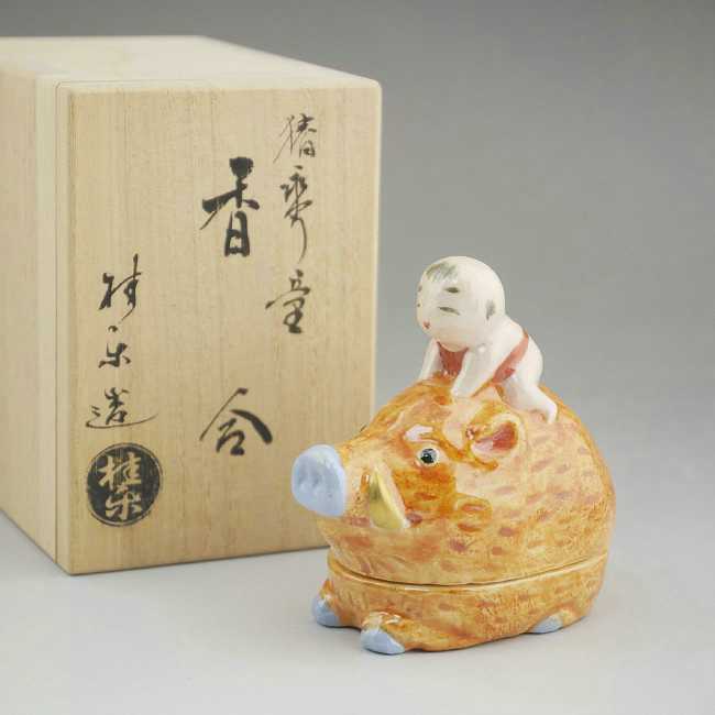 干支亥香合 猪乗童 桂楽 - 京焼清水焼 松韻堂