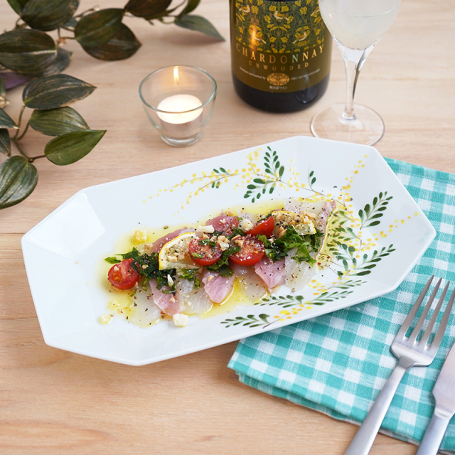 ミモザとうさぎ／八角長皿(大)｜空萌工房(そらもえこうぼう)｜田口紀美子