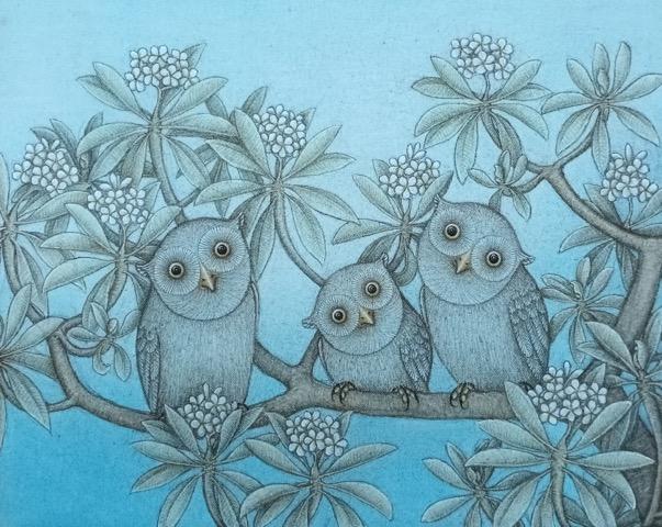 自由が丘でバリ人画家のワヤン・シーラさん個展 フクロウ作品37点