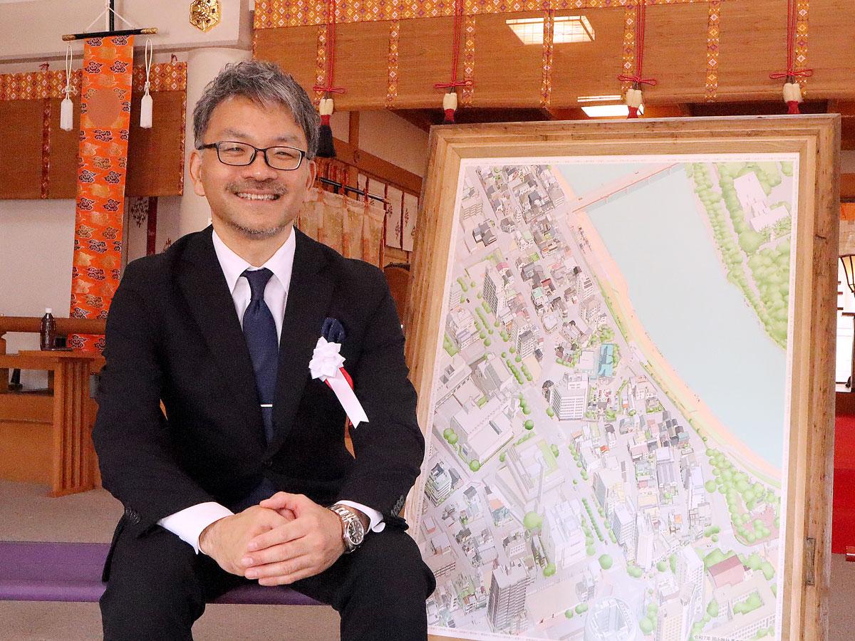 岡山神社の鳥瞰図、中村慎吾さんが奉納 CF支援者50人が参列 - 岡山経済新聞