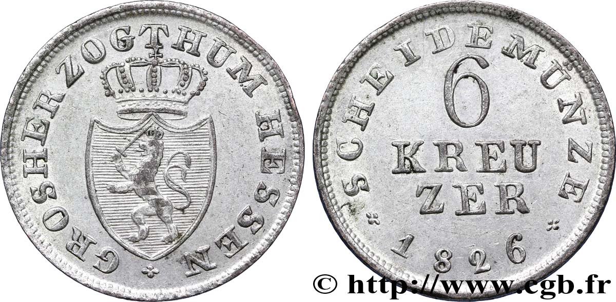 ヘッセン大公国 1826年 6 Kreuzer 銀貨 ヘッセン大公国 1826年 6