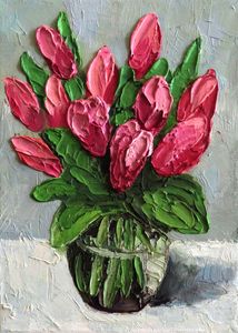 Pink tulip painting impasto - Alexey Popov - Paintings & Prints