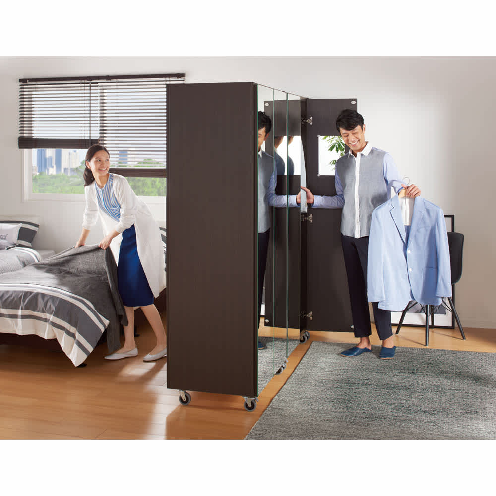 移動式間仕切りクローゼットハンガー ミラー扉タイプ・ハンガー1段