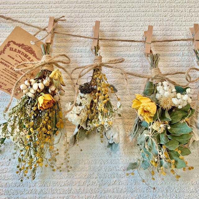 お花たっぷりドライフラワー スワッグ ガーランド❁147黄色ミモザ薔薇