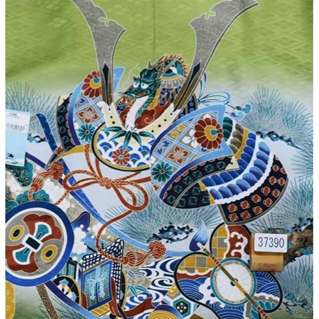 七五三 五歳 男児 羽織袴フルセット 緑地 兜 縞袴 袴変更可能 NO37390