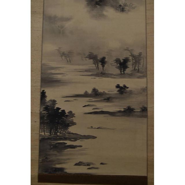 真作】牧櫻山/山水漁舟画賛/掛軸☆宝船☆Z-962