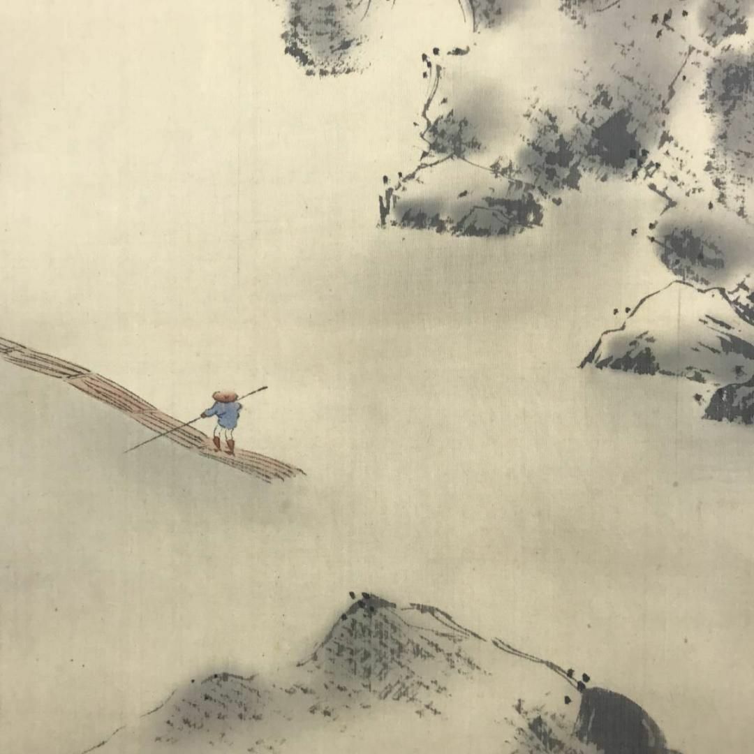 真作】霞舟/桜花山水筏下り図/嵐峡/嵐山/山水図/掛軸☆宝船☆AB-731の