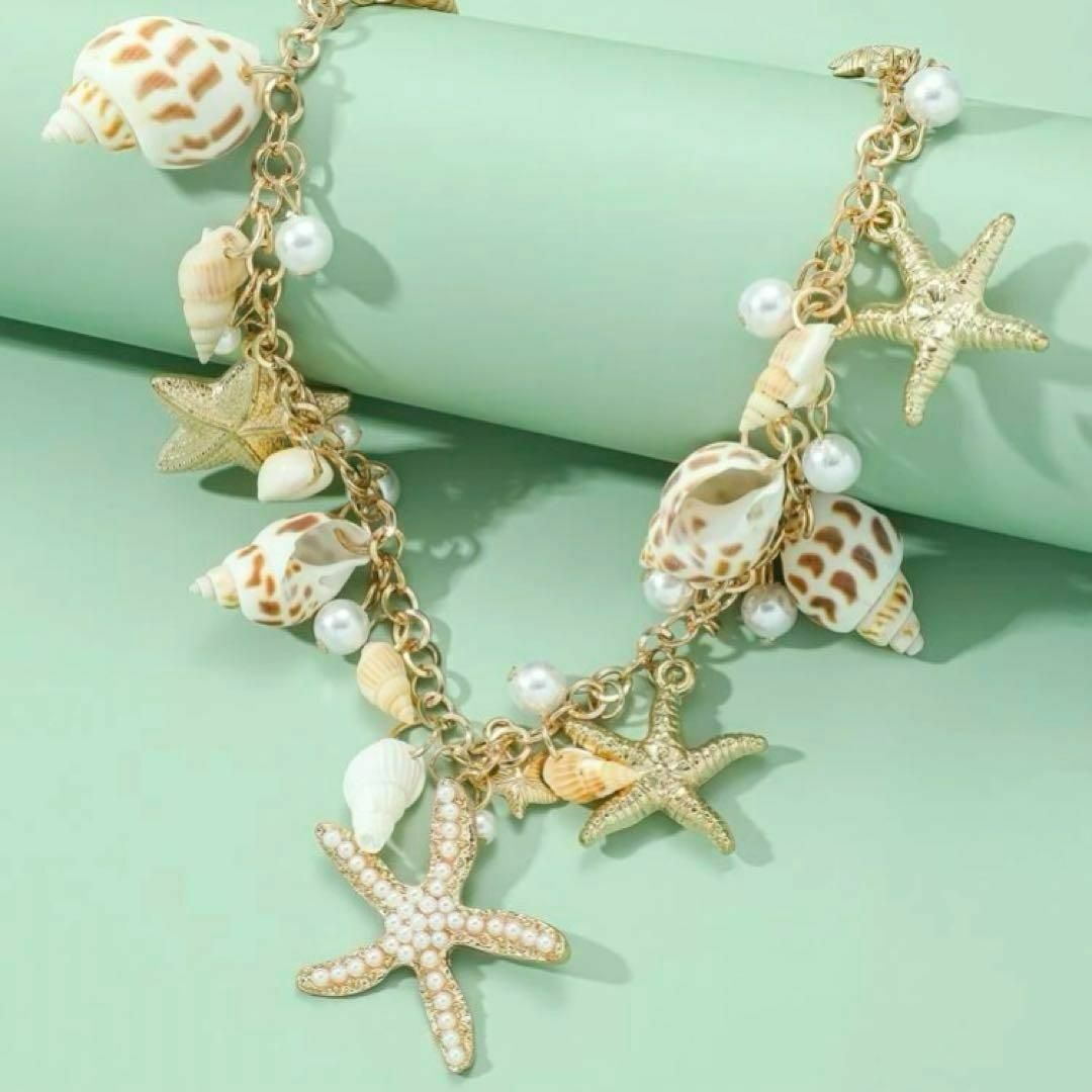 夏SALE❤ターコイズのヒトデチャーム❤️貝殻とヒトデの海の水面夏ヘアゴム