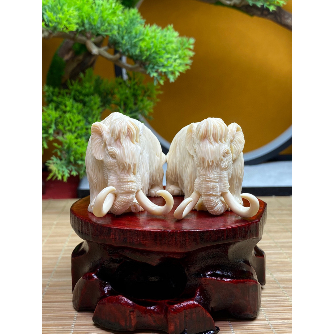 天然マンモス牙美しい手作り彫刻 2寿星公 置物 天然マンモス牙美しい
