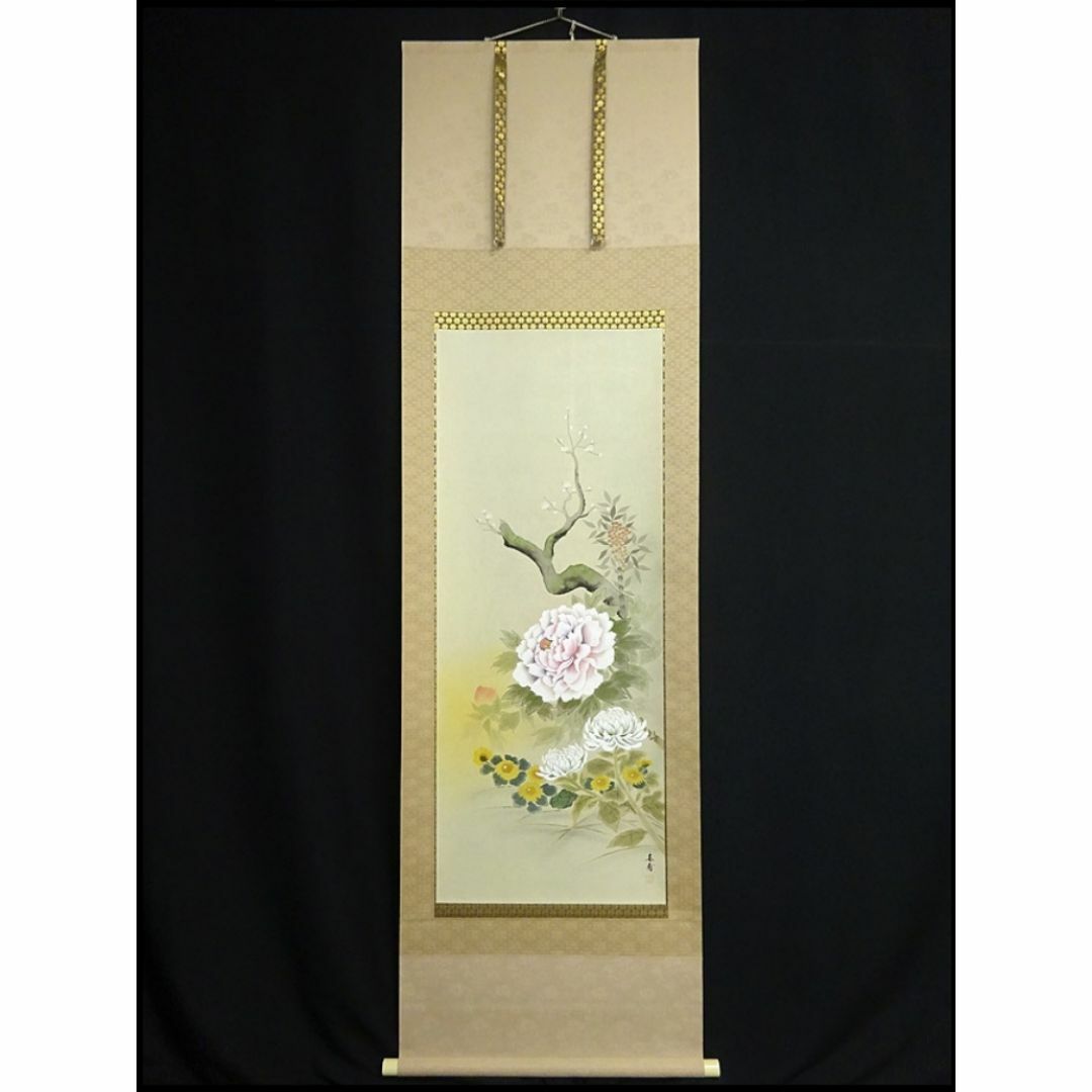 真作】掛軸 植田春甫『四季花図』絹本 肉筆 共箱付 掛け軸 a041713の