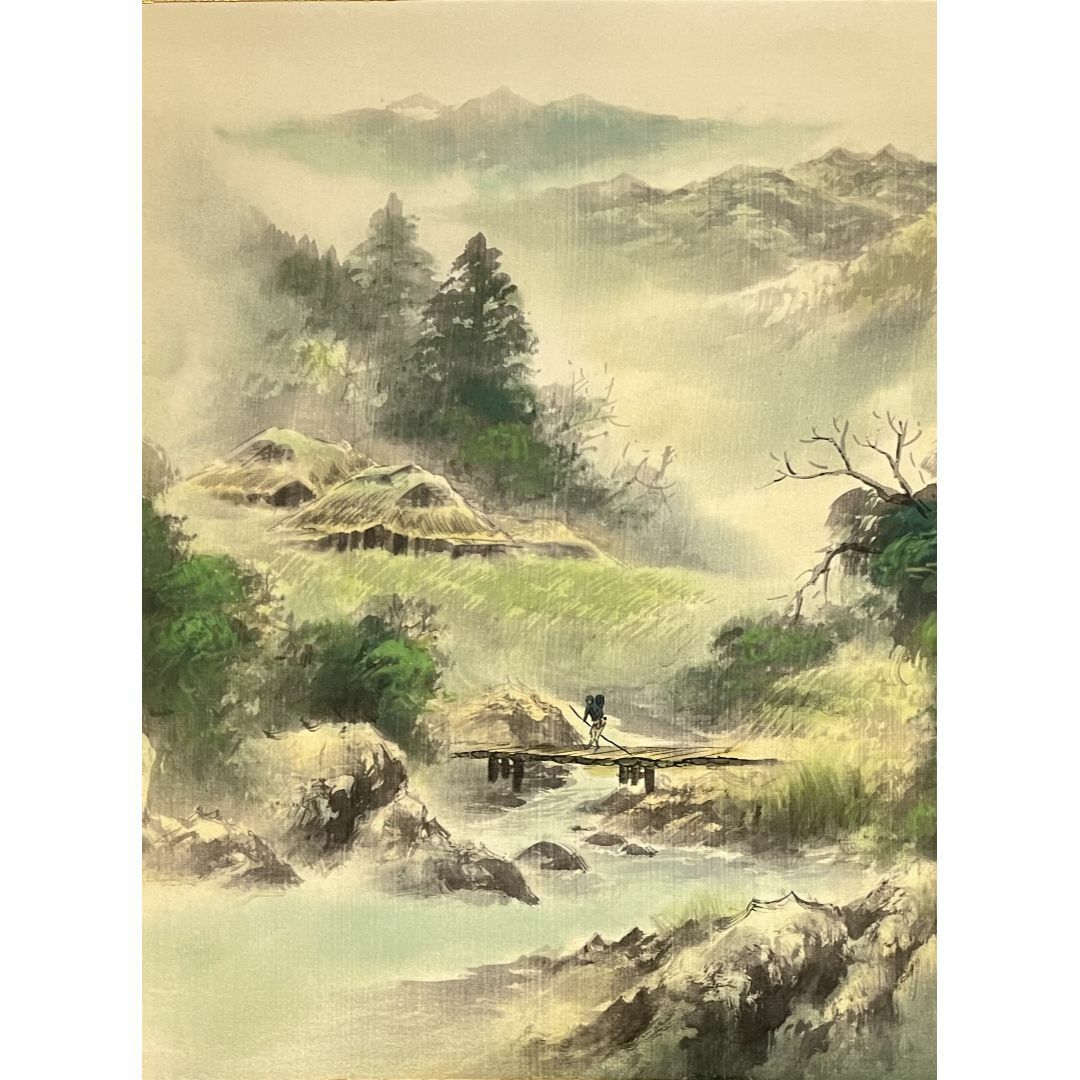 掛軸 華国『彩色山水図』絹本 肉筆 中島清堂識箱 共箱付 掛け軸