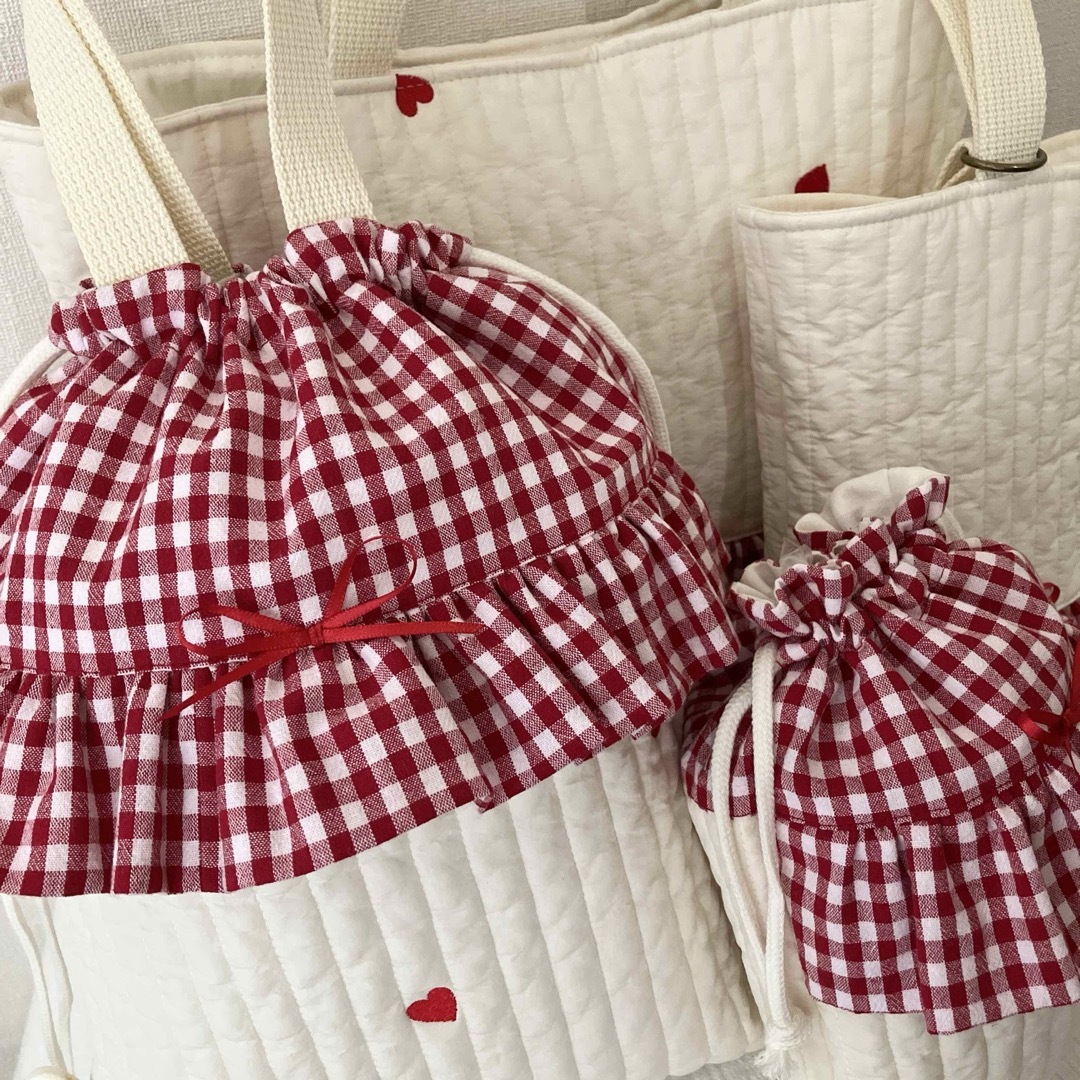 ヌビ フリル レッスンバッグ ハート レッド チェック リボン イブル 赤
