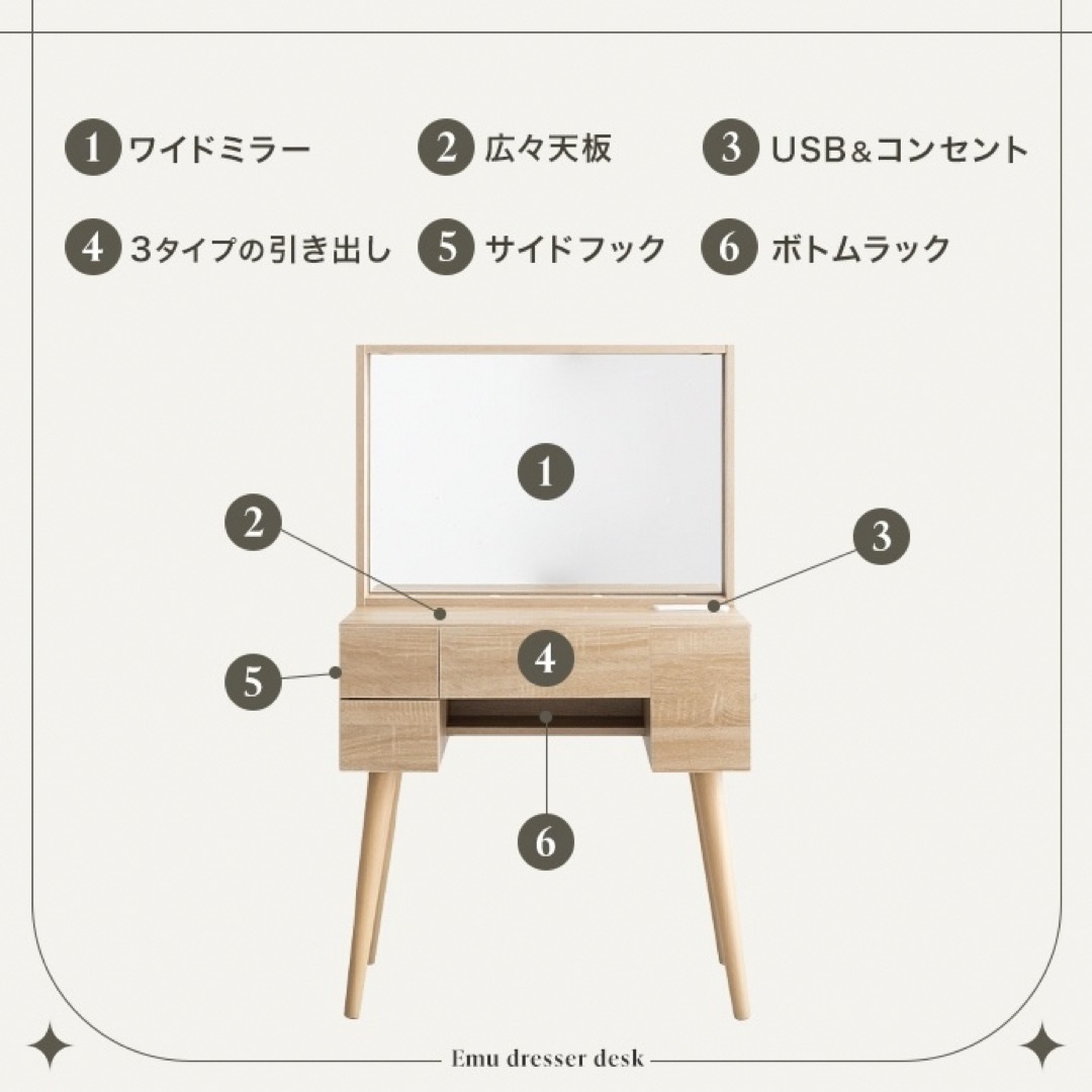 幅71cm】Emu ミラー&収納付きドレッサーデスク コンセントの通販 by M