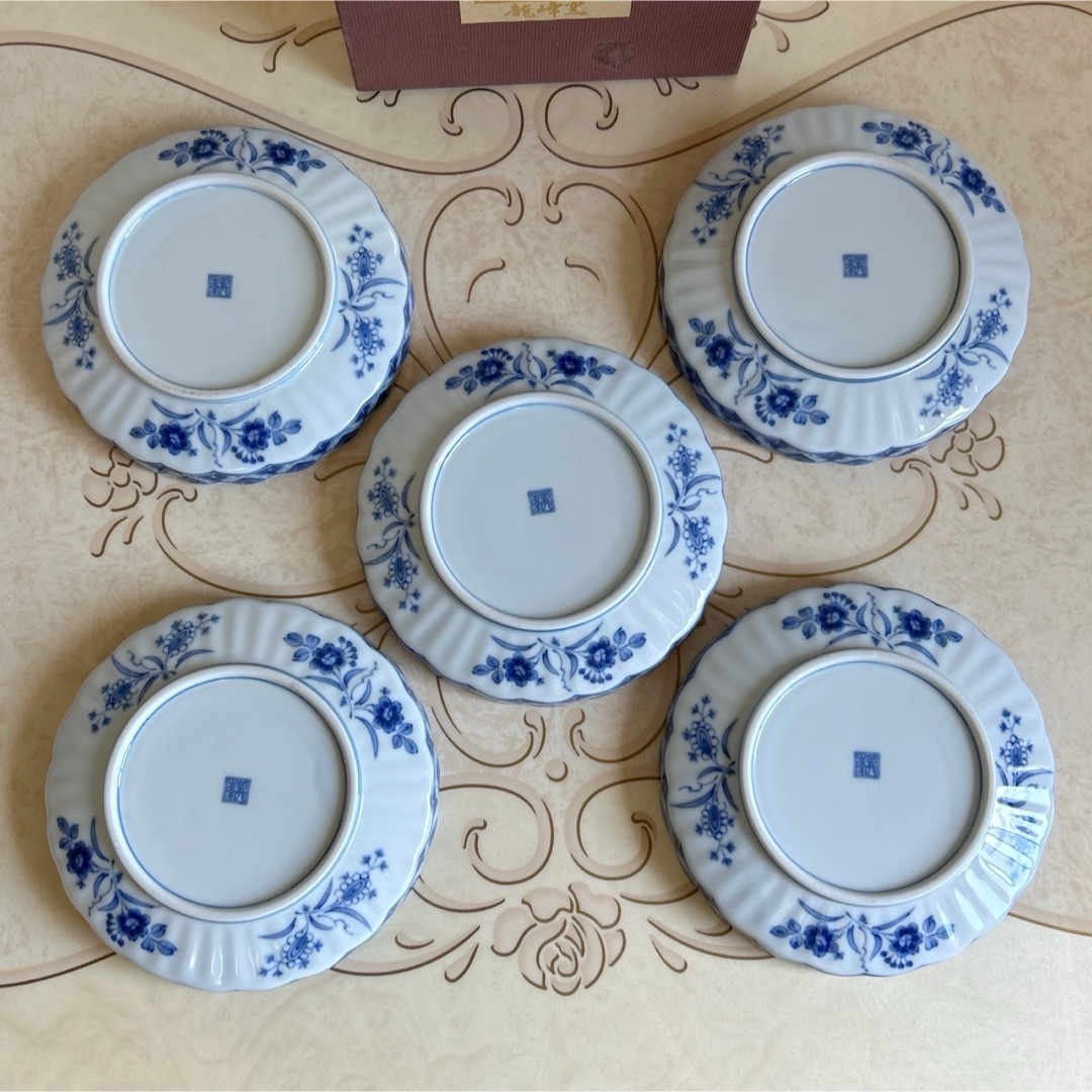 美濃焼 - 三洋陶器 龍峰窯 染付更紗 和皿揃 5枚セット 中皿 銘々皿 輪