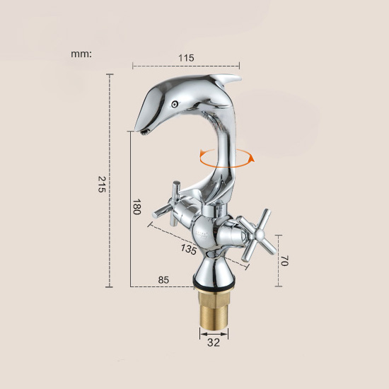 洗面蛇口 バス水栓 水道蛇口 冷熱混合栓 2ハンドル イルカ型 クロム