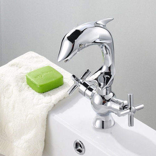 洗面蛇口 バス水栓 水道蛇口 冷熱混合栓 2ハンドル イルカ型 クロム